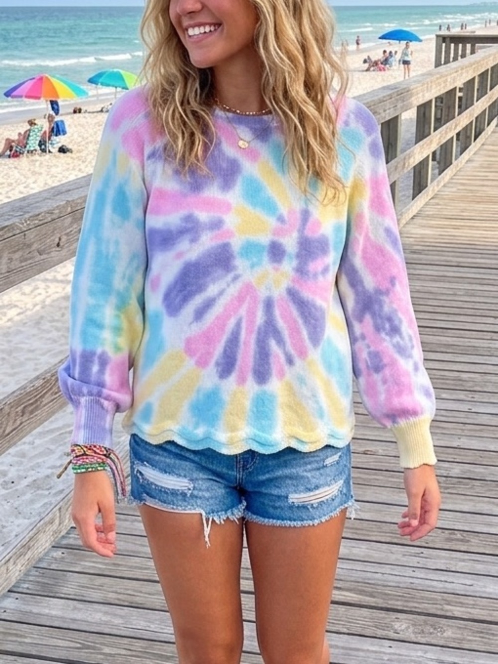 Anthropologie Pastel Tie Dye Scalloped Edge Summer Knit Cotton Acrylic Sweater S